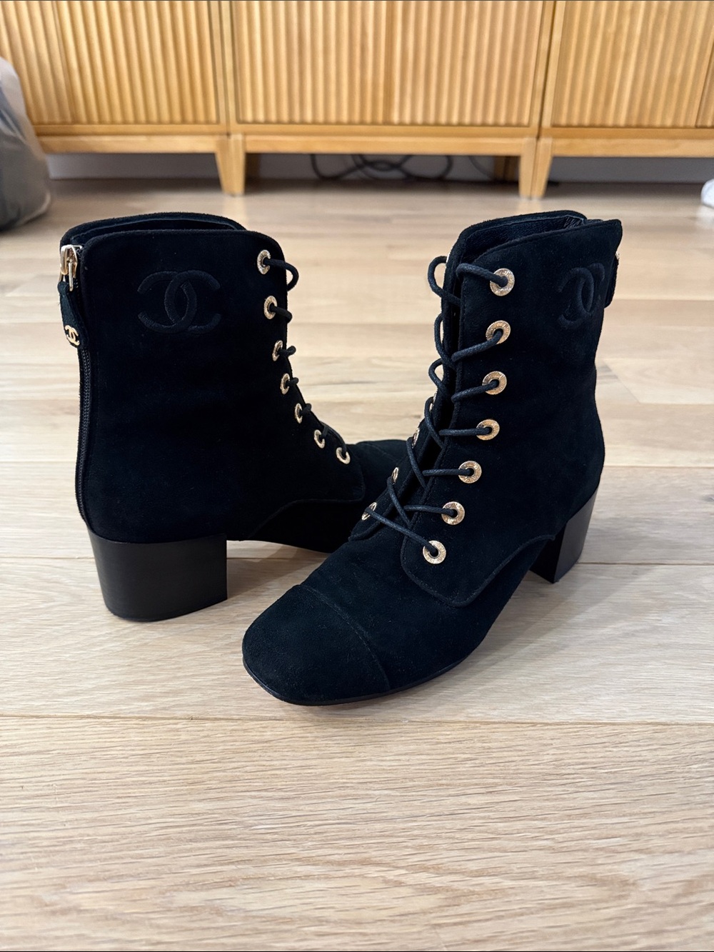 Chanel Black Suede Lace-Up Ankle Boots size 38